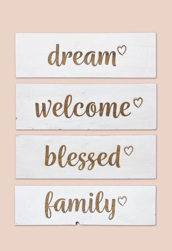 image of reclaimed signs with words: dream, welcome, blessed and family by Seeds to Sow