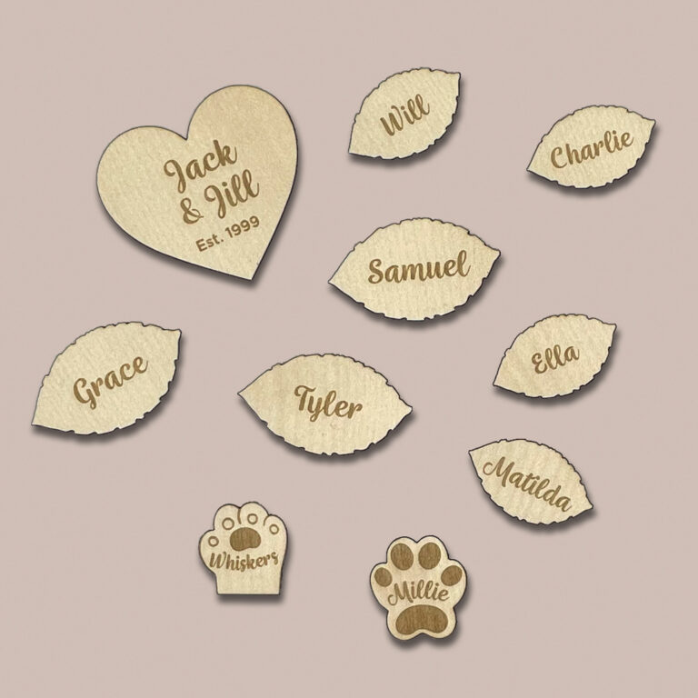 image of family names on hearts and leaves along with dog and cat option by Seeds to Sow